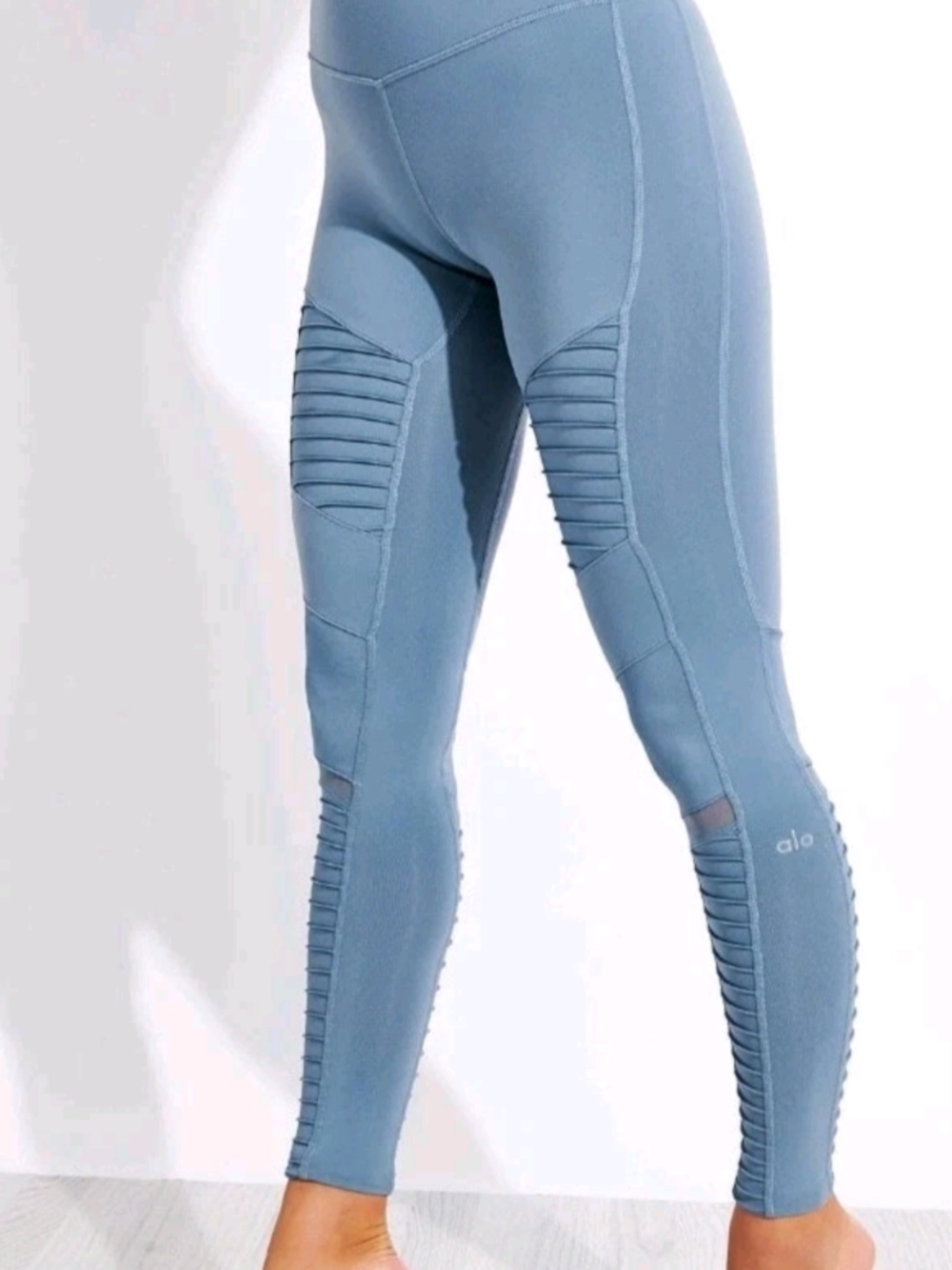 ALO Yoga Moto Ribbed High-Waist Legging in Dusty Blue
